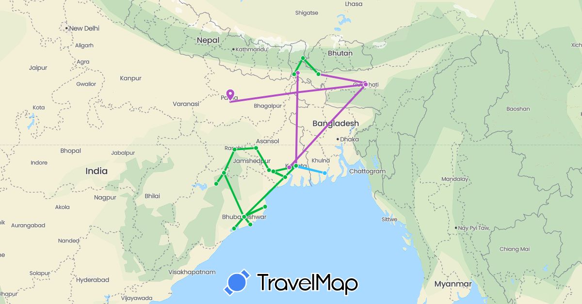 TravelMap itinerary: driving, bus, train, boat in Bangladesh, India (Asia)